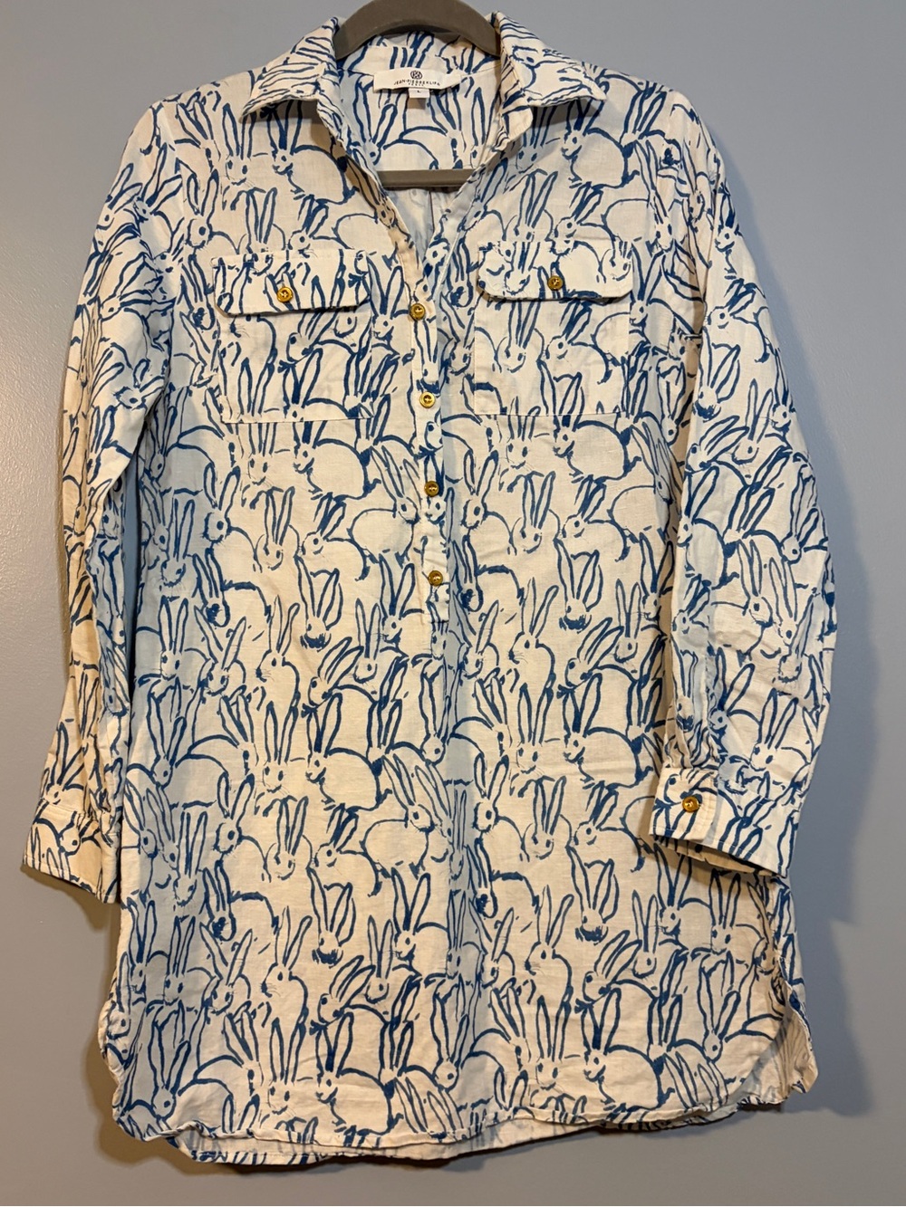 Relaxed Cream Tunic with Blue Bunny Print